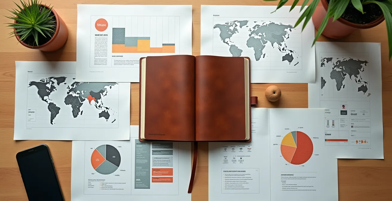 Overhead view of organized desk with journal and strategic planning materials arranged in quadrants