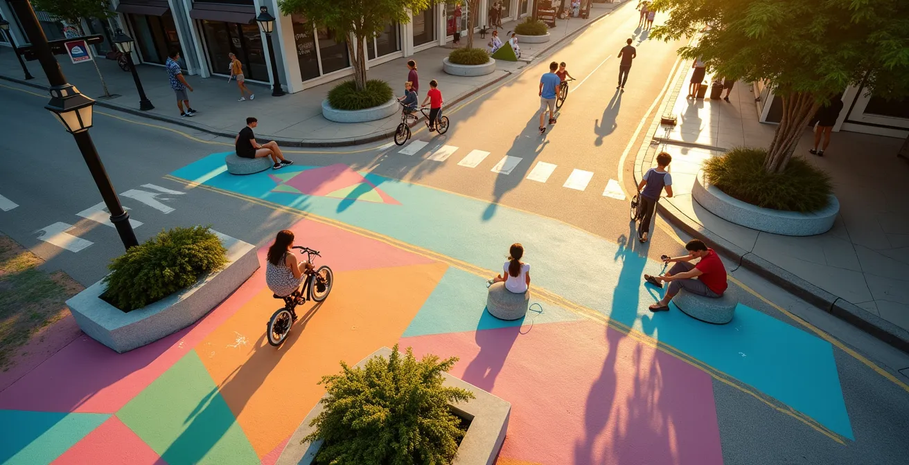 Aerial view of temporary street transformation with painted patterns and moveable planters