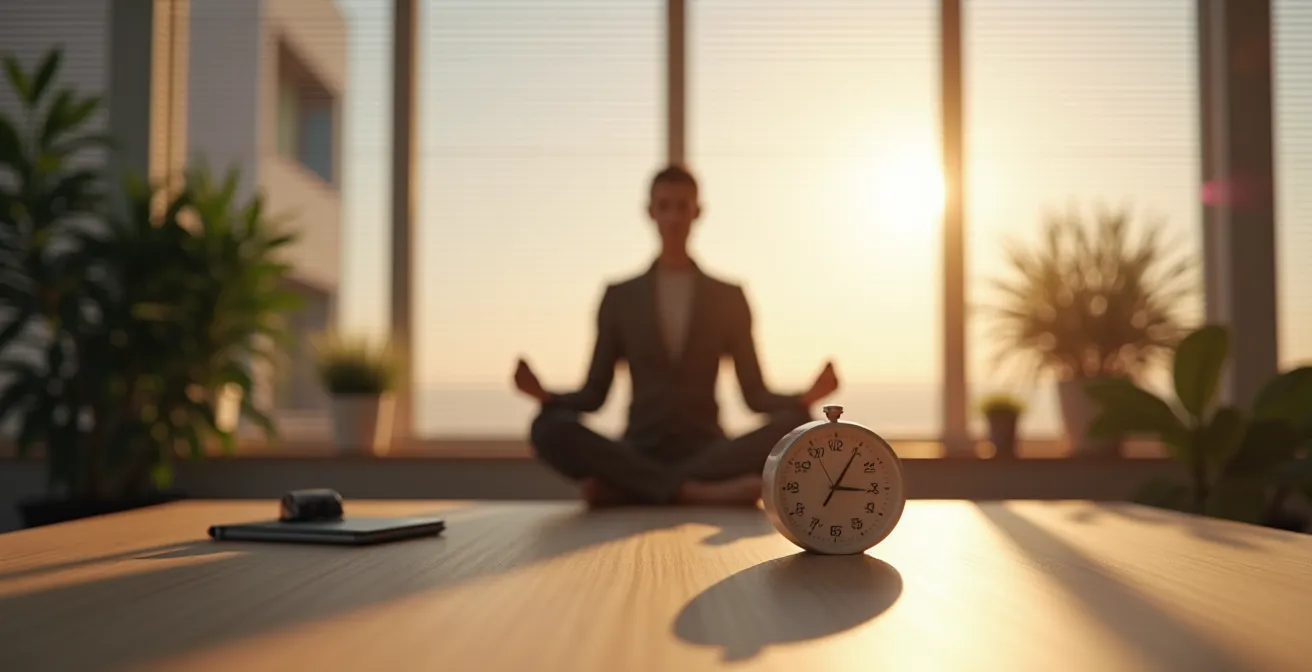Minimalist workspace with meditation timer showing ten minutes