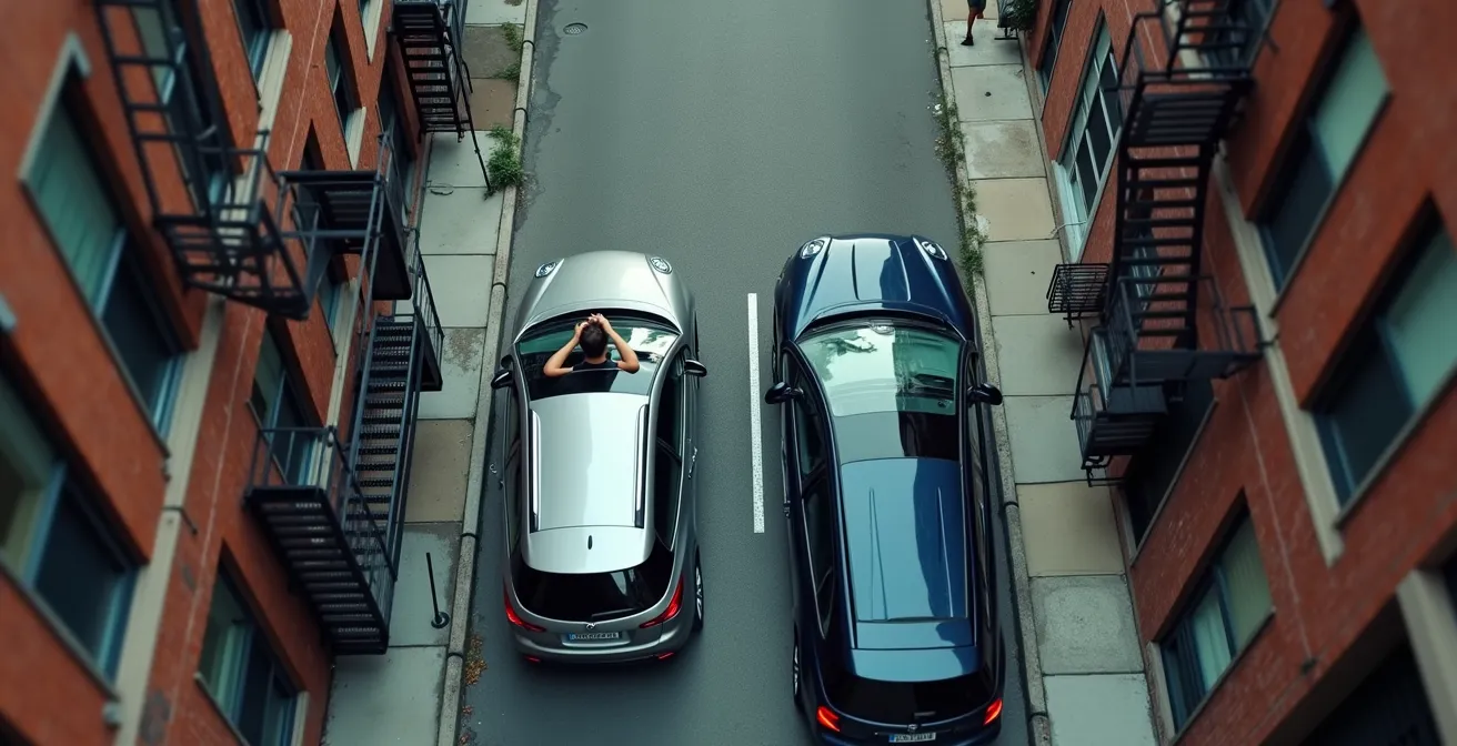 Aerial view of a larger SUV struggling to park in a tight city spot next to a compact sedan.