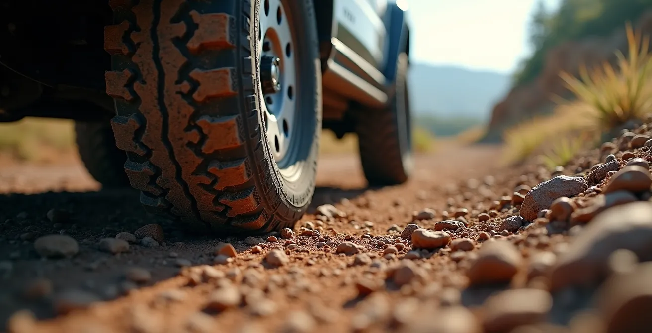 Vehicle navigating rough trail showing optimal tire contact patch distribution
