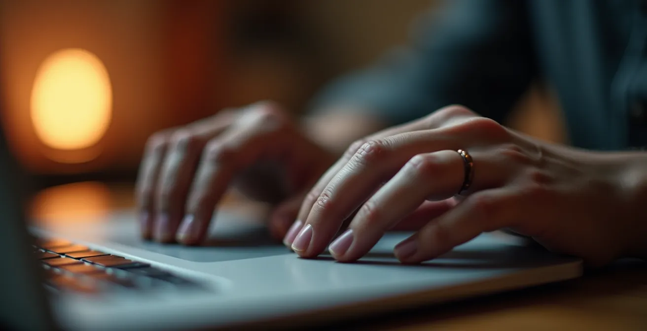 Macro close-up of hands closing laptop with soft evening light creating warm atmosphere