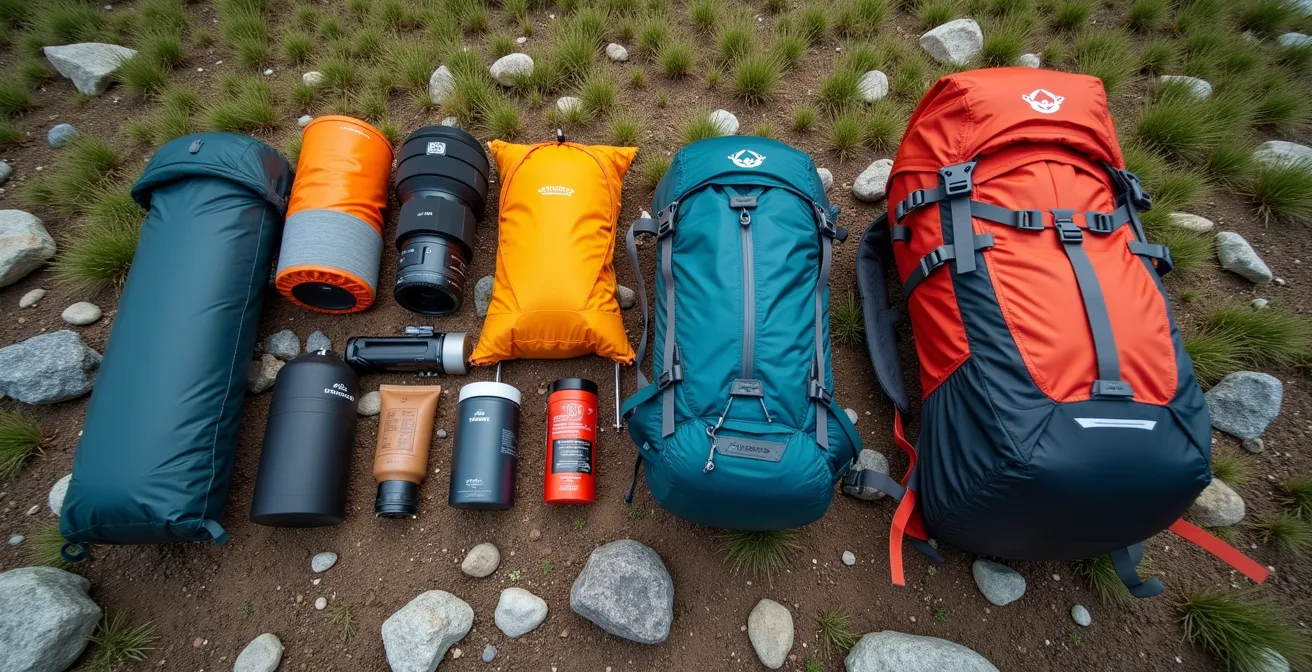 Side-by-side comparison of ultralight and standard hiking gear laid out on alpine meadow grass