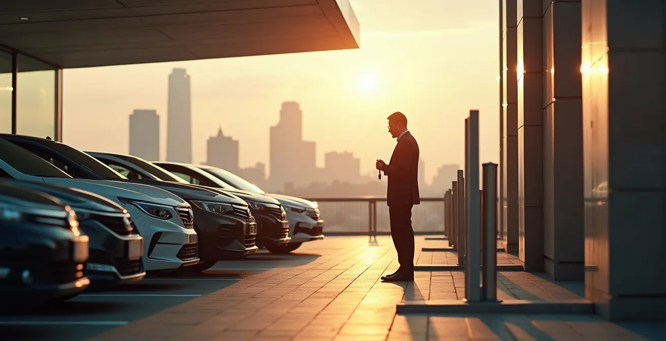 Wide angle view of a modern car sharing station with multiple vehicles at dawn