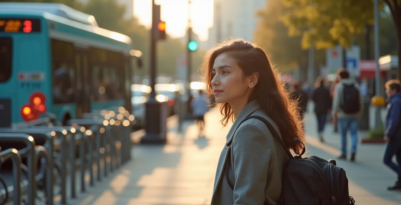 City dweller contemplating various mobility options at urban transit hub