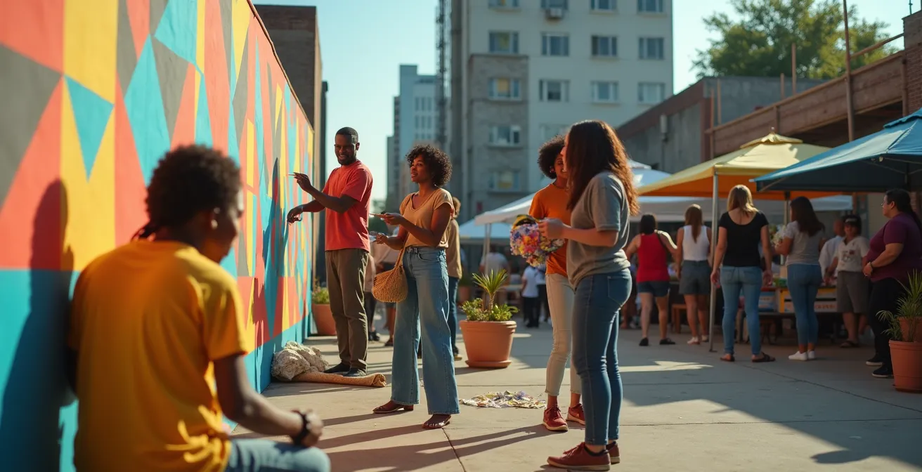 Time-lapse style composition showing evolution from temporary pop-up to permanent cultural venue
