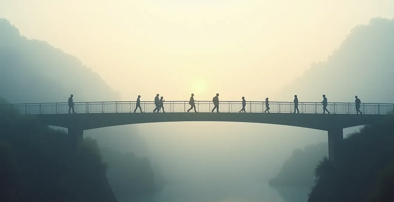 Wide environmental shot of people crossing a modern bridge structure, symbolizing a smooth user transition during a business pivot.