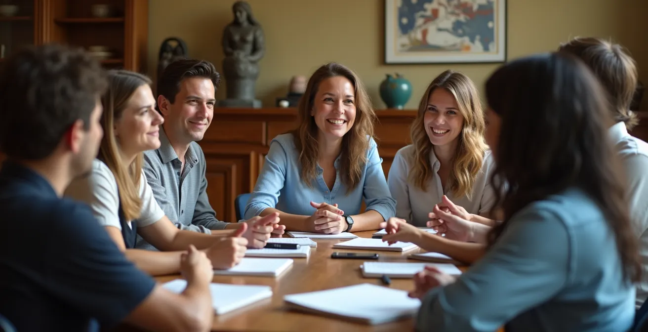 A diverse group of local community members and volunteers in collaborative discussion