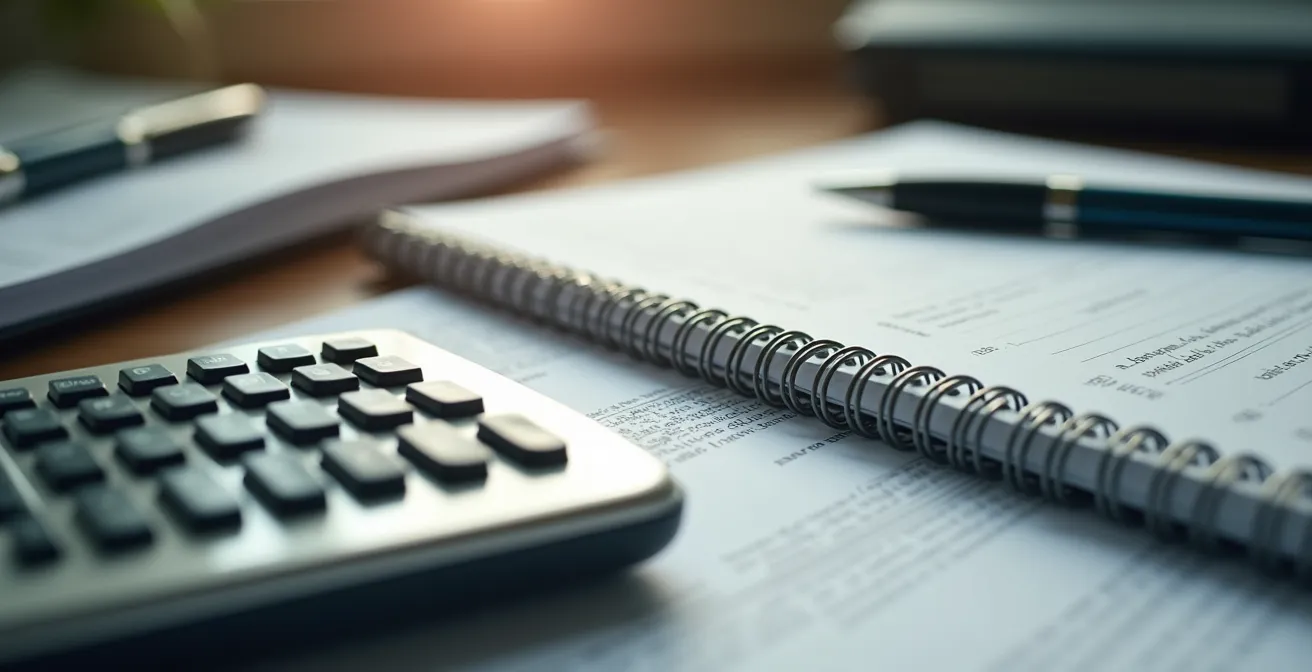Organized desk workspace showing financial documents and calculator in soft natural light